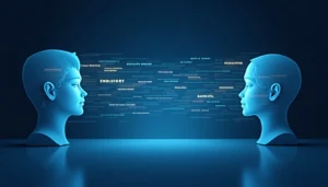 Abstract illustration comparing human and AI reading capabilities with flowing text between profiles