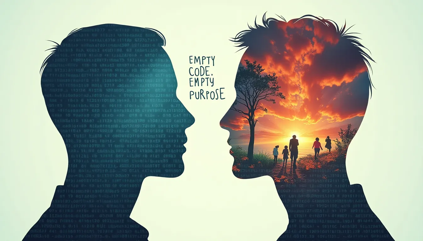 Split illustration contrasting empty technology with meaningful human experiences, featuring the text 'Empty Code, Empty Purpose'