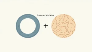 Abstract illustration of two complementary circles, one digital and one organic, merging together with the text 'Human + Machine'