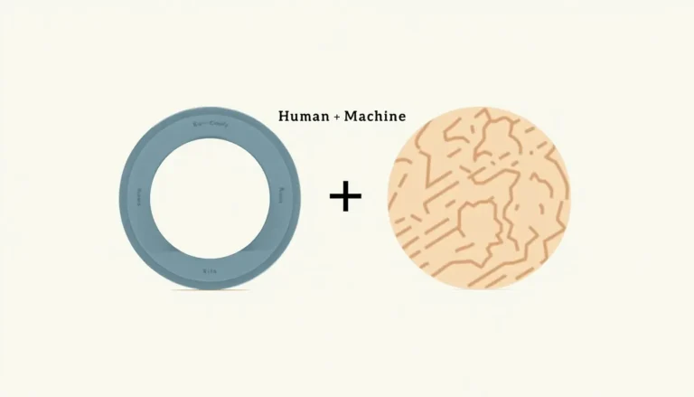 Abstract illustration of two complementary circles, one digital and one organic, merging together with the text 'Human + Machine'