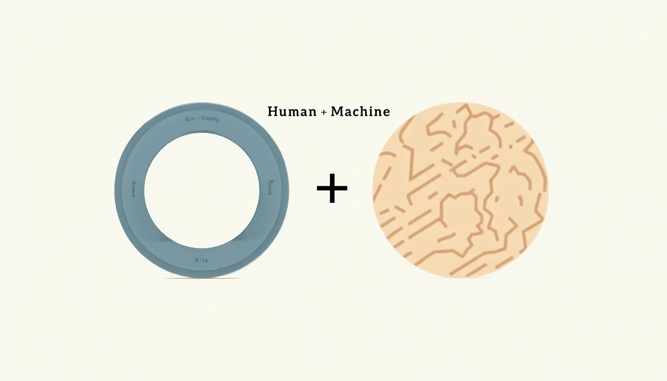 Abstract illustration of two complementary circles, one digital and one organic, merging together with the text 'Human + Machine'