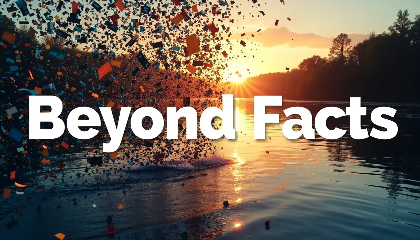 A minimalist image with a chaotic text side and a serene river side, featuring the phrase 'Beyond Facts'.
