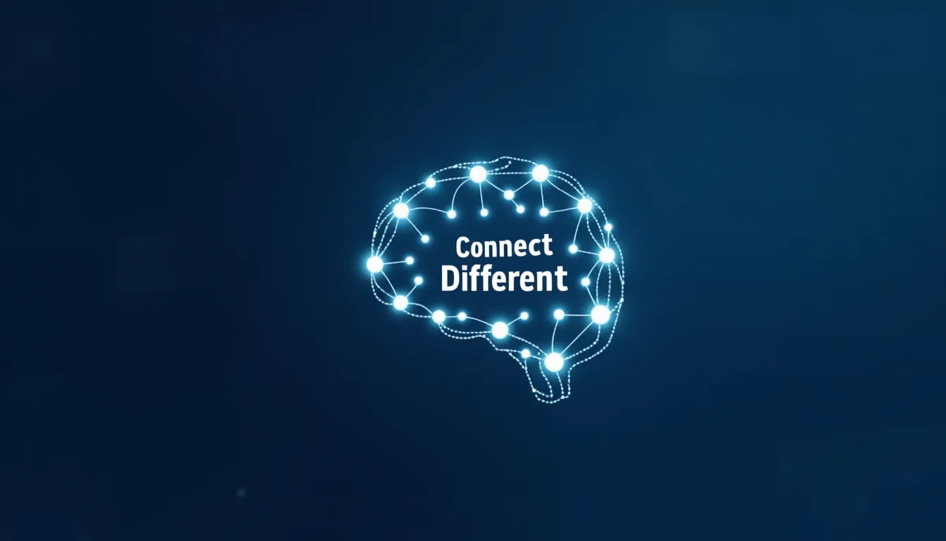 Abstract visualization of interconnected nodes forming a brain shape with the text 'Connect Different'