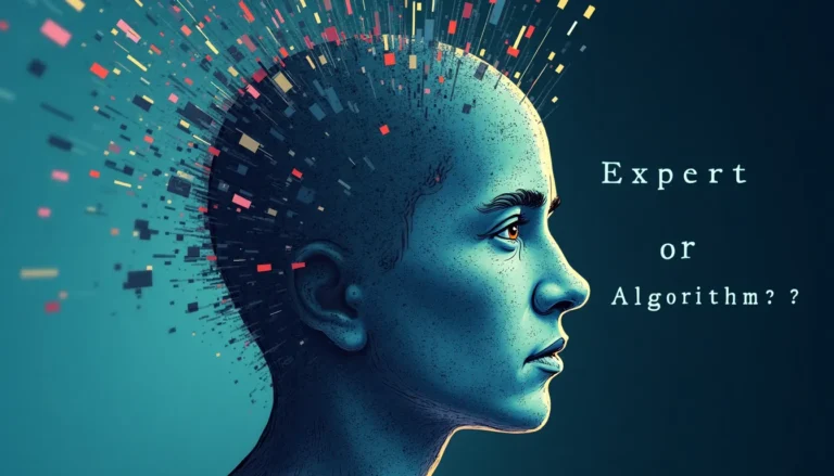 Split illustration of human face and digital code representing the merger of human and artificial intelligence expertise
