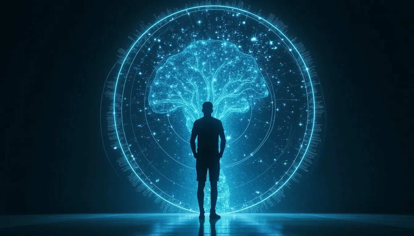 Person facing a futuristic mirror showing an AI-enhanced reflection with the text 'What Do You See?'