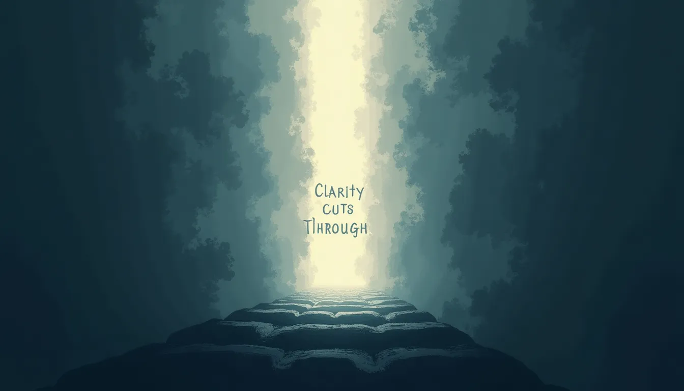A beam of light cutting through fog and chaos, symbolizing how clarity breaks through complexity