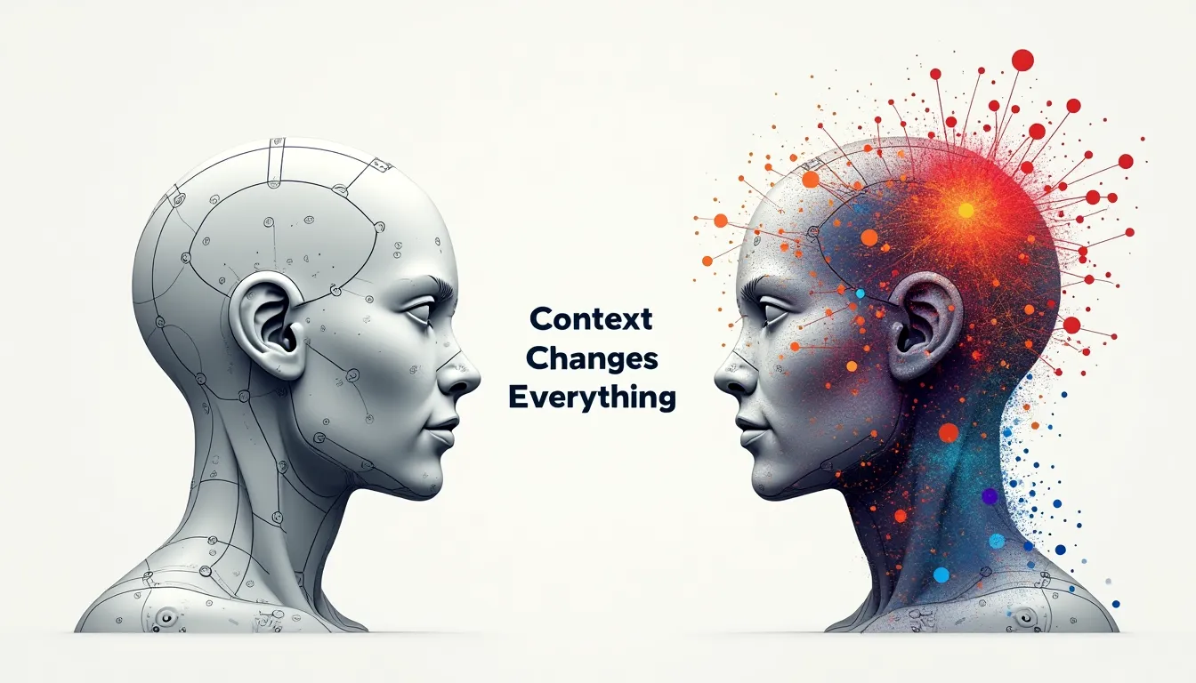 Two AI robot heads in profile - one basic wireframe, one enriched with contextual patterns - separated by the text 'Context Changes Everything'