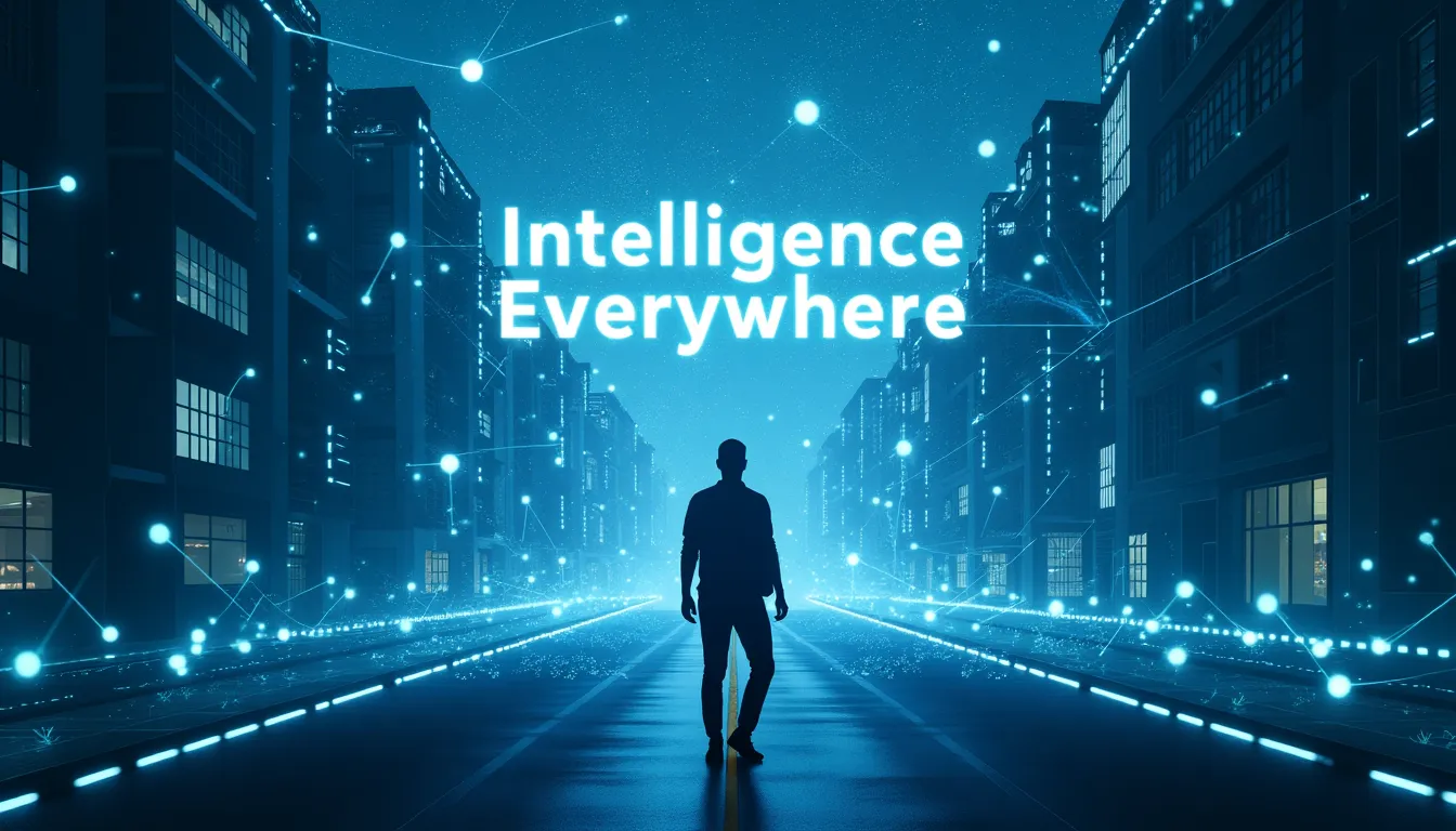 Artistic visualization of interconnected intelligence in a modern city, showing neural networks linking a human figure to their surroundings