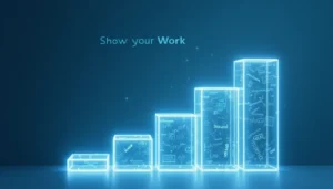 Illuminated glass steps showing progressive AI development stages with the text 'Show Your Work' floating above