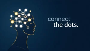 Abstract illustration of a human head with interconnected network patterns, representing the transformation of data into insights