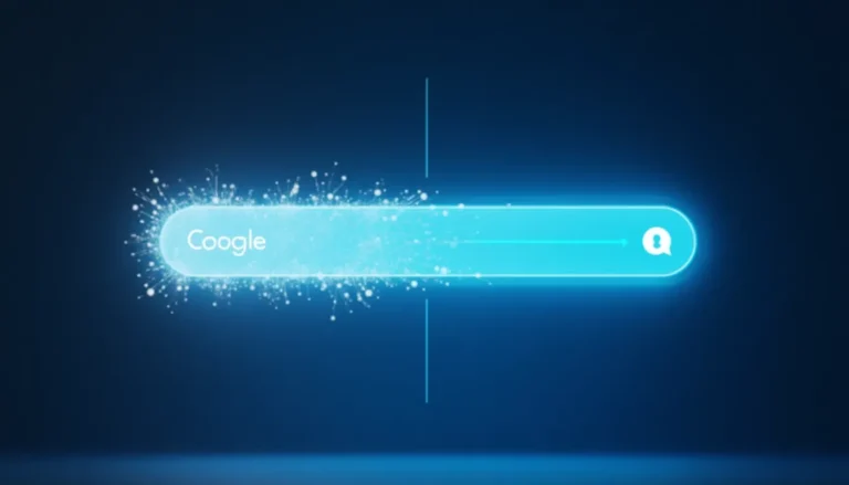 Artistic representation of a Google search bar transforming into an AI interface, with text 'The End of Search?'