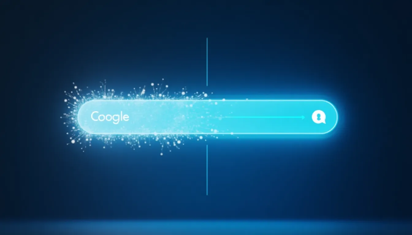 Artistic representation of a Google search bar transforming into an AI interface, with text 'The End of Search?'
