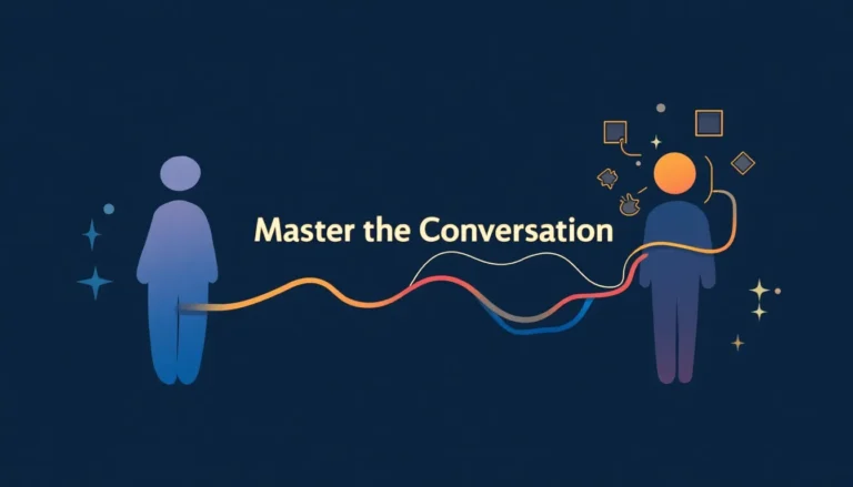 Abstract visualization of human-AI communication flow with text 'Master the Conversation'