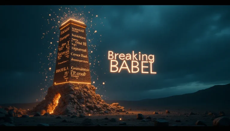 A modern digital Tower of Babel being reconstructed by flowing streams of multilingual text, with the phrase 'Breaking Babel' prominently displayed