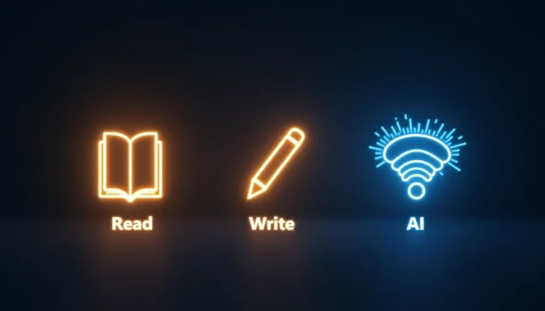 Evolution of literacy illustrated through icons: book, pen, and AI symbol with text 'Read. Write. AI.'