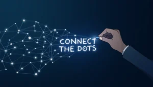 Human hand drawing connections between dots that transform into a neural network pattern, with text 'Connect the Dots'