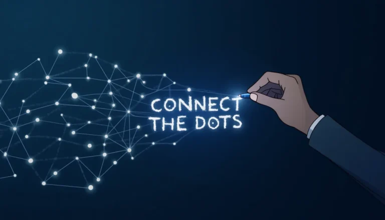 Human hand drawing connections between dots that transform into a neural network pattern, with text 'Connect the Dots'