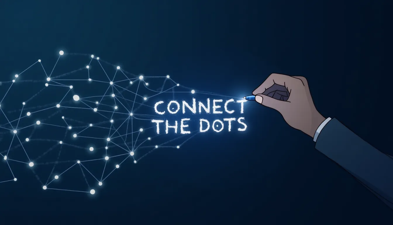 Human hand drawing connections between dots that transform into a neural network pattern, with text 'Connect the Dots'
