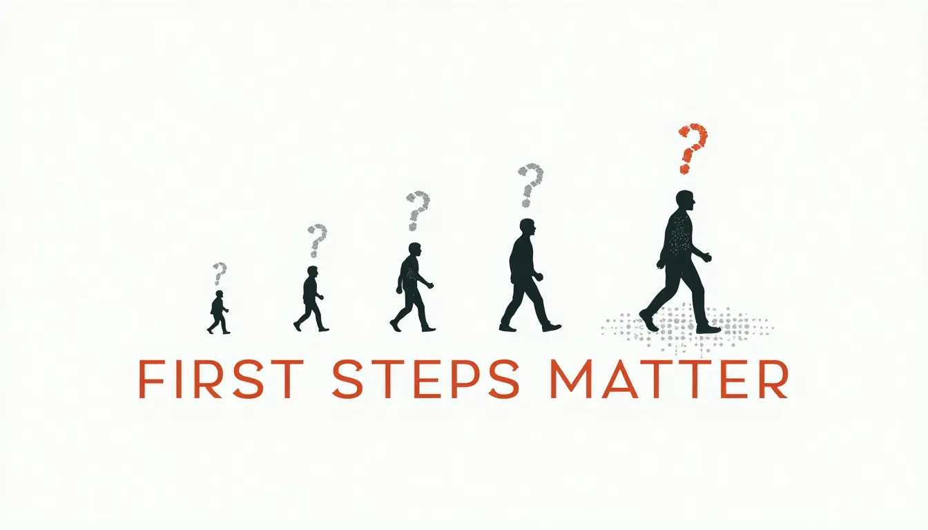 Progressive footprints transitioning from human to digital forms with text 'First Steps Matter'