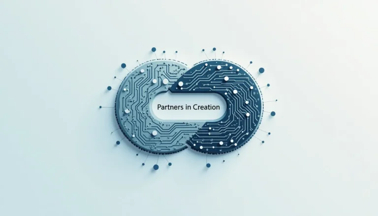 Abstract illustration of two intertwined circles representing the partnership between human and artificial intelligence, with text 'Partners in Creation'
