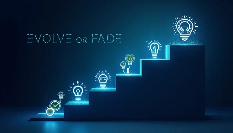 An ascending staircase made of AI tools and icons with the text 'EVOLVE OR FADE', representing the progression of AI tool adoption and digital evolution