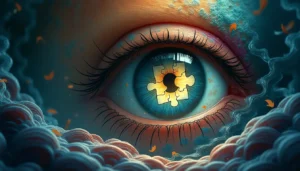 Abstract minimalist eye with a missing puzzle piece representing blind spots