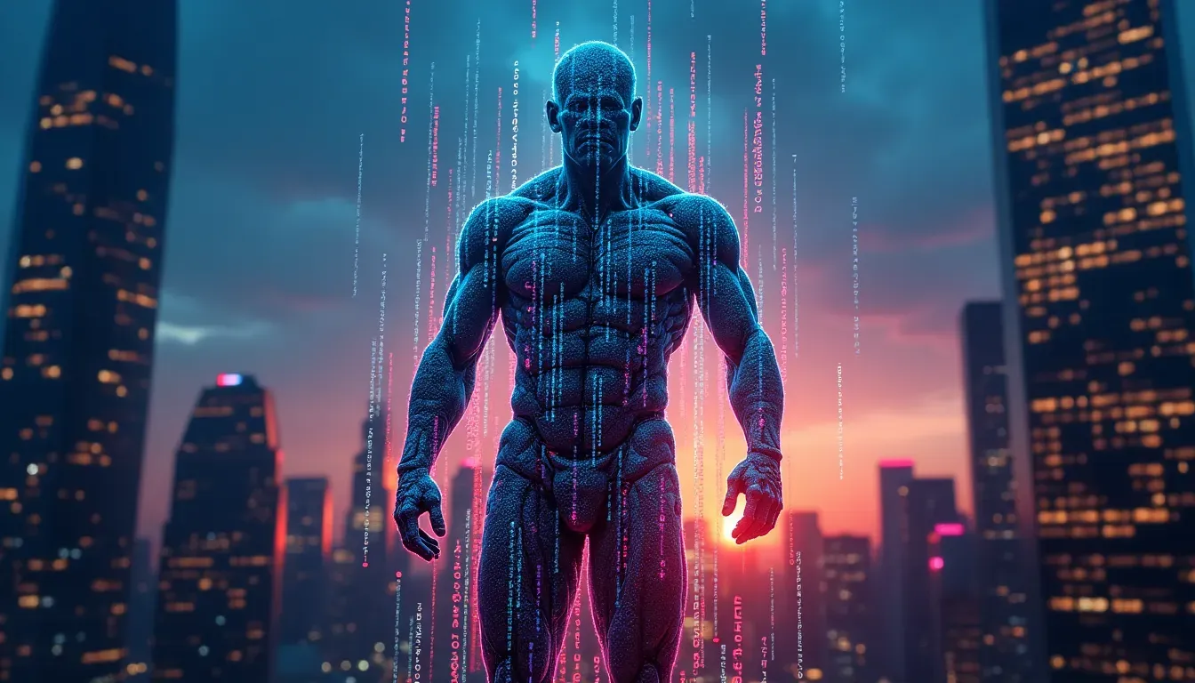 Abstract graphic of code forming a commanding boss figure with the text 'Algorithmic Boss'