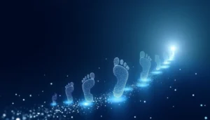 Digital footprints leading to a bright horizon with text 'Tomorrow's Path Starts Here'