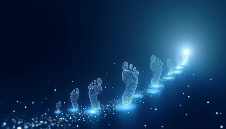 Digital footprints leading to a bright horizon with text 'Tomorrow's Path Starts Here'