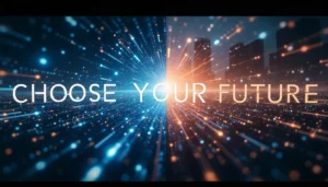 Split-screen visualization contrasting digital and analog futures with text 'Choose Your Future'