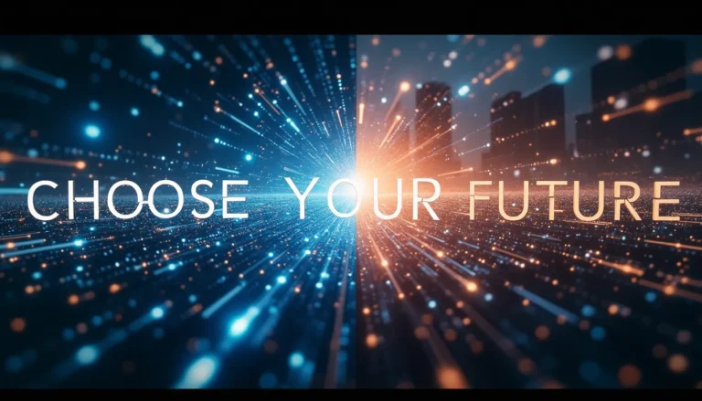 Split-screen visualization contrasting digital and analog futures with text 'Choose Your Future'