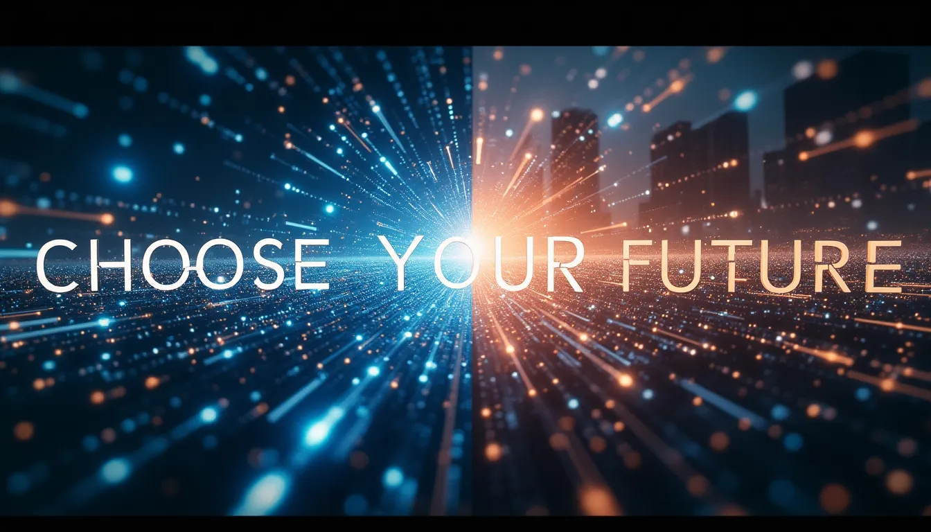 Split-screen visualization contrasting digital and analog futures with text 'Choose Your Future'