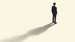 Human silhouette casting both a normal shadow and a digital shadow made of code, with text asking 'Who's pulling your strings?'