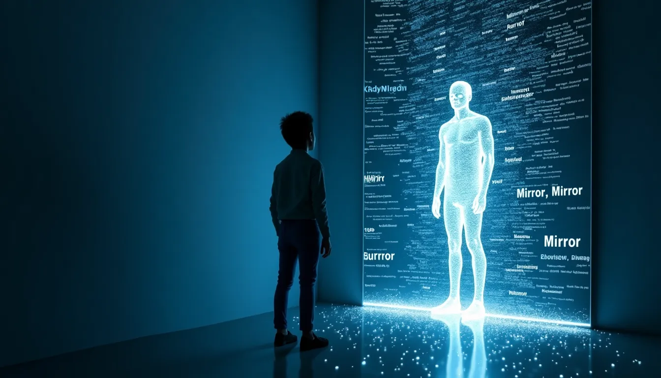 Person facing a mirror showing their digital twin reflection made of data and code