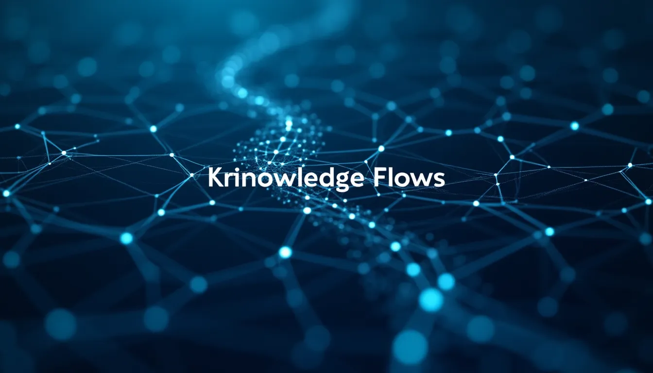 Abstract visualization of interconnected flowing lines forming a neural network pattern with the text 'Knowledge Flows'
