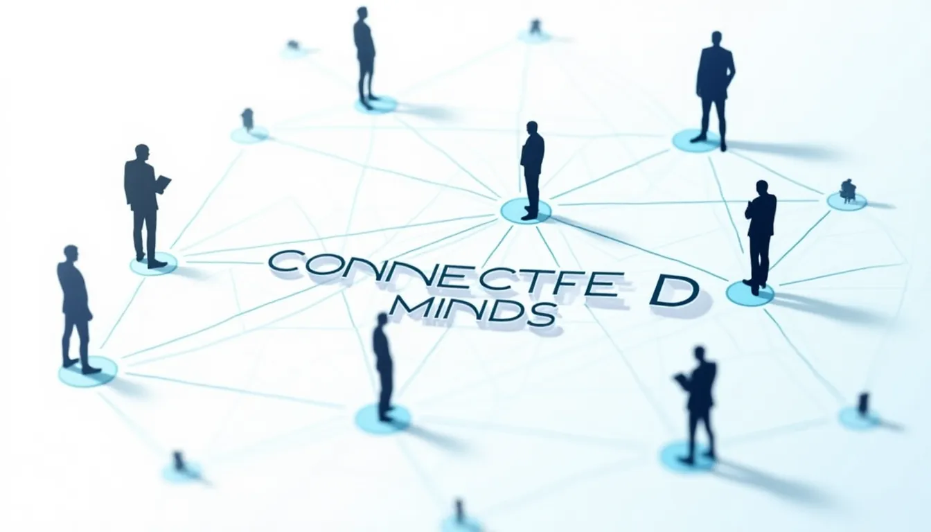 Abstract visualization of human silhouettes and AI nodes forming an interconnected network pattern with the text 'Connected Minds'